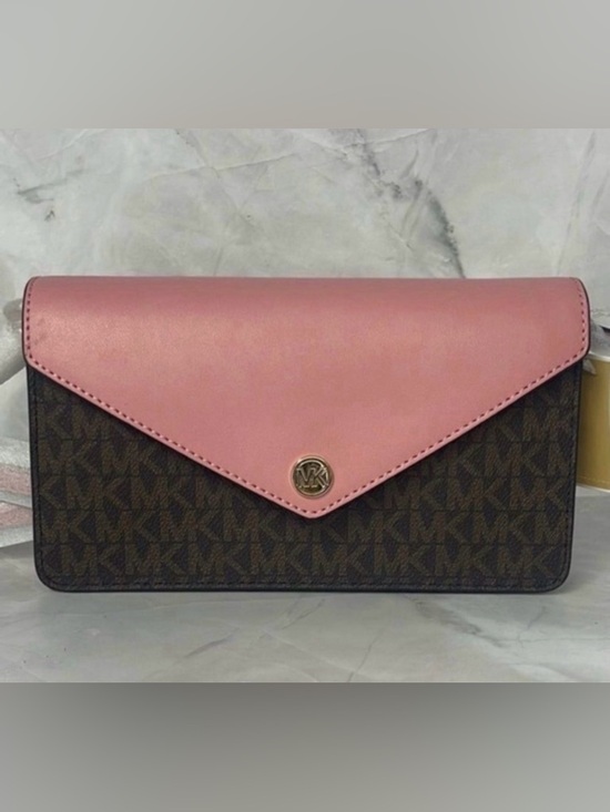 Michael Kors Handbags - Michael Kors Small Envelope Crossbody Pink & Brown MK Signature Logo Primrose